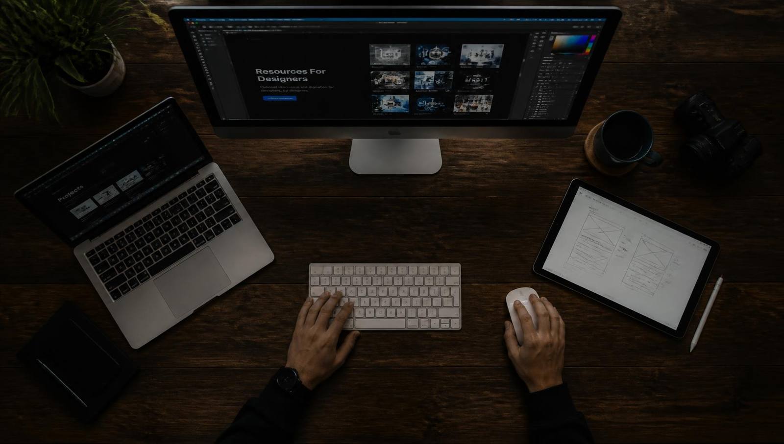 Designer working on a desk with laptop, monitor and tablet